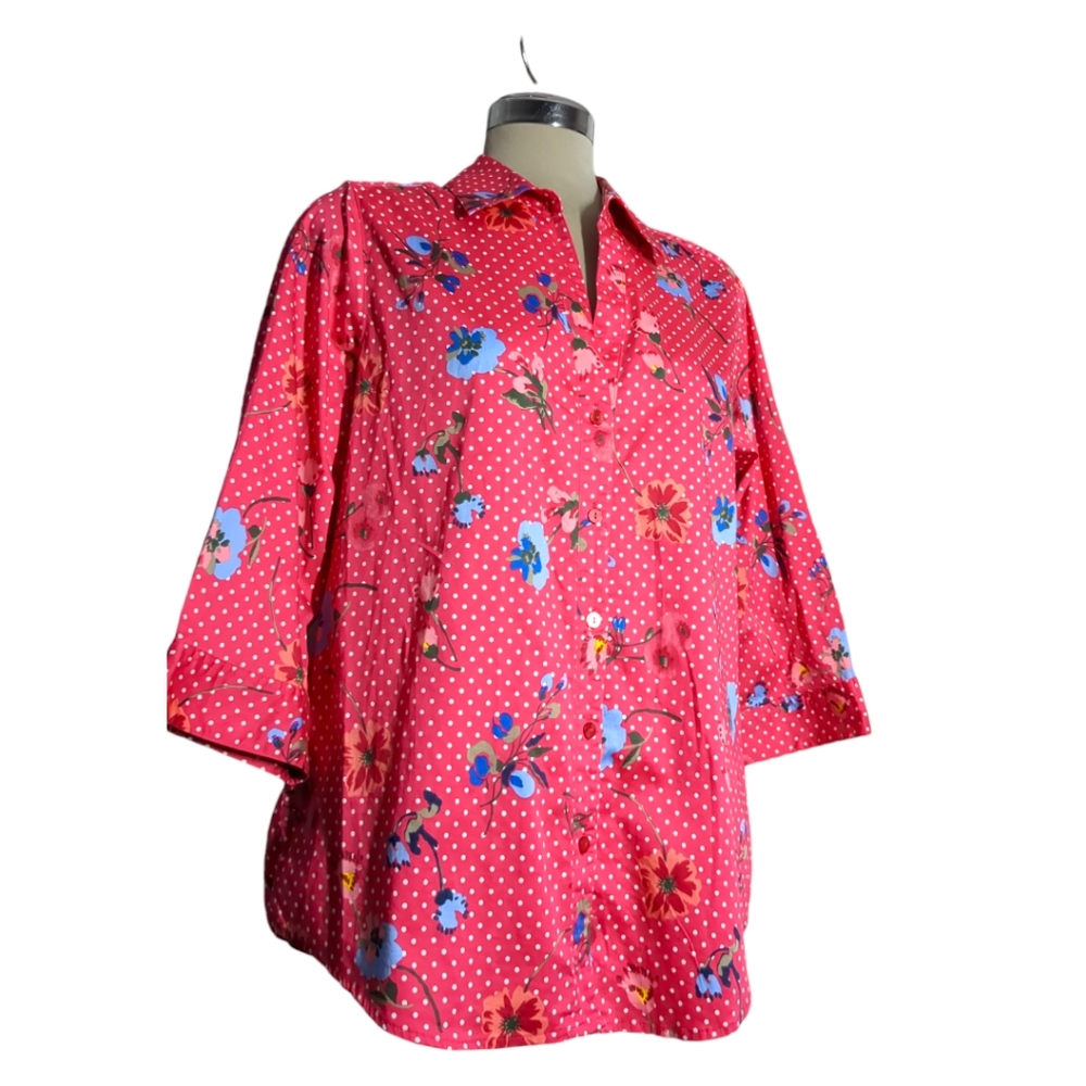 ALISON DALEY Red Pink Polkadot Floral 3/4 sleeves Size XL
